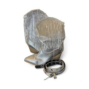 Shimmering Silver Fringe Heeled Boots